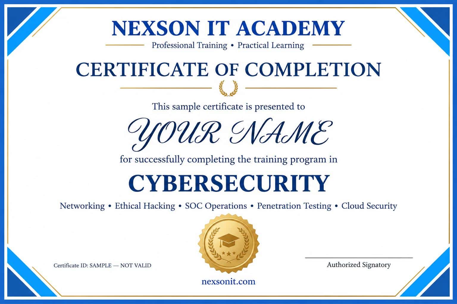 Nexson IT Academy Cybersecurity course completion certificate sample